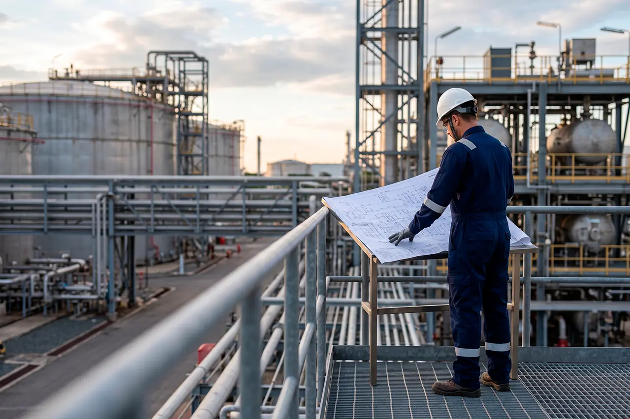 Especialista técnico revisando planos frente a una instalación de infraestructura energética de gran escala.