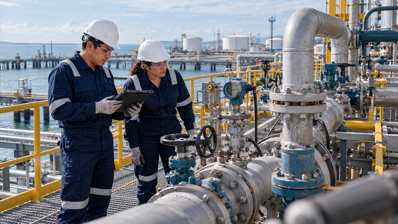 Ingenieros supervisando infraestructura energética con ductos, válvulas y operaciones industriales.