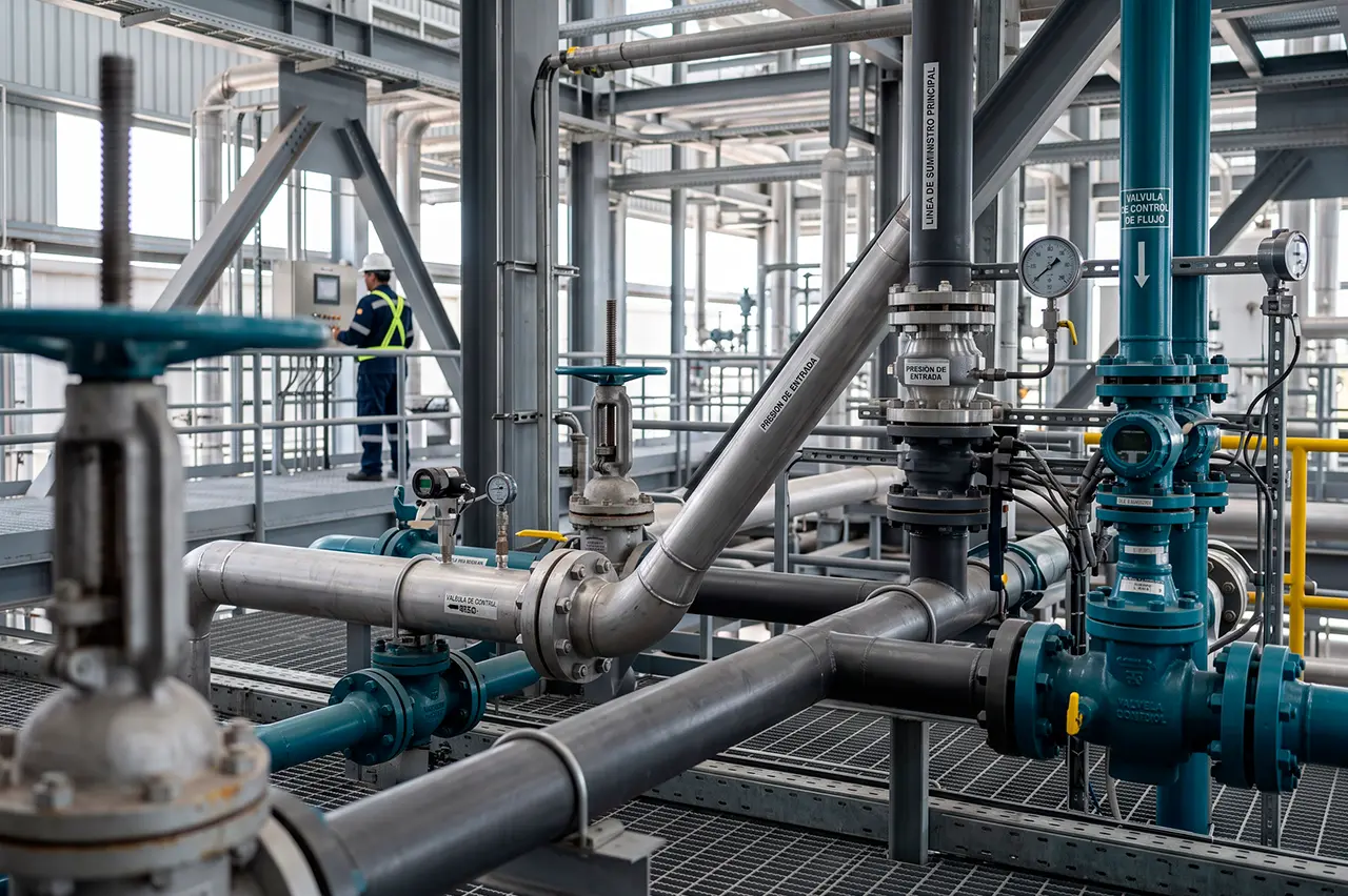 Detalle técnico de ductos, válvulas y sistemas de control dentro de una instalación de infraestructura energética.