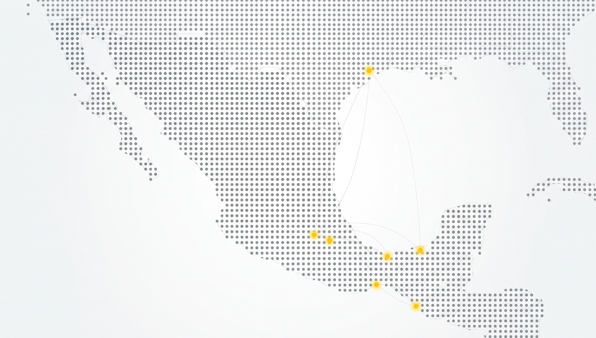 Mapa corporativo minimalista que muestra la presencia estratégica de High Level Energy en México y Houston, Texas, con marcadores destacados en puntos clave de operación.