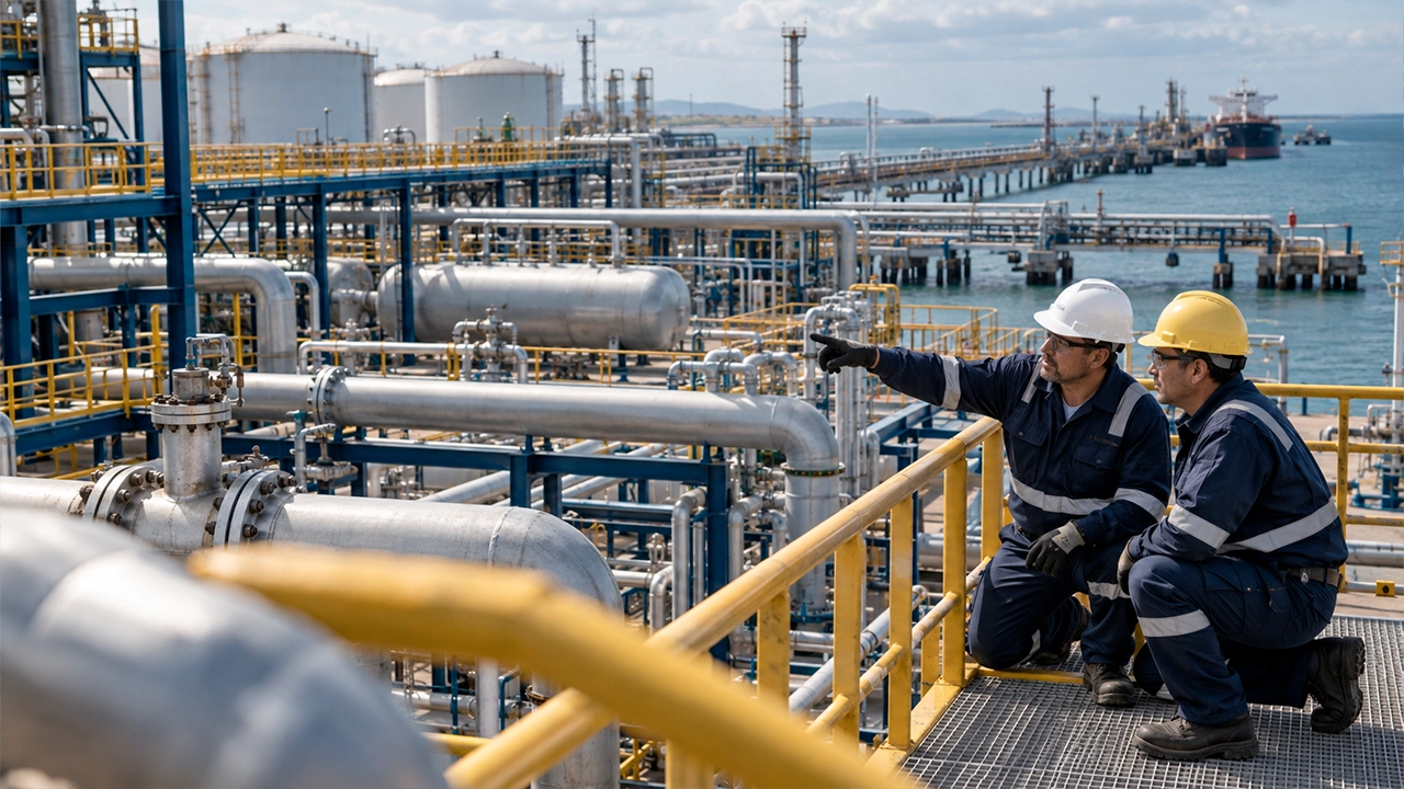 Equipo técnico supervisando infraestructura energética y portuaria en una instalación industrial de gran escala.