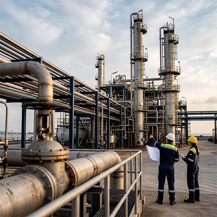 Instalación industrial petrolera en Pajaritos, Veracruz, representando el proyecto México IMO 2020 para producción de VLSFO.