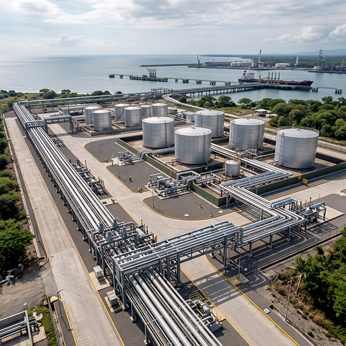 Vista aérea de corredor de ductos y tanques energéticos conectado con infraestructura portuaria en Puerto Chiapas.