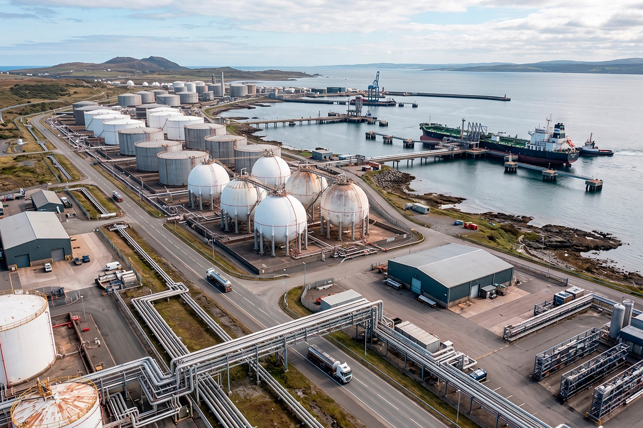 Vista aérea de terminal energética y portuaria con tanques, muelles e infraestructura logística conectada.