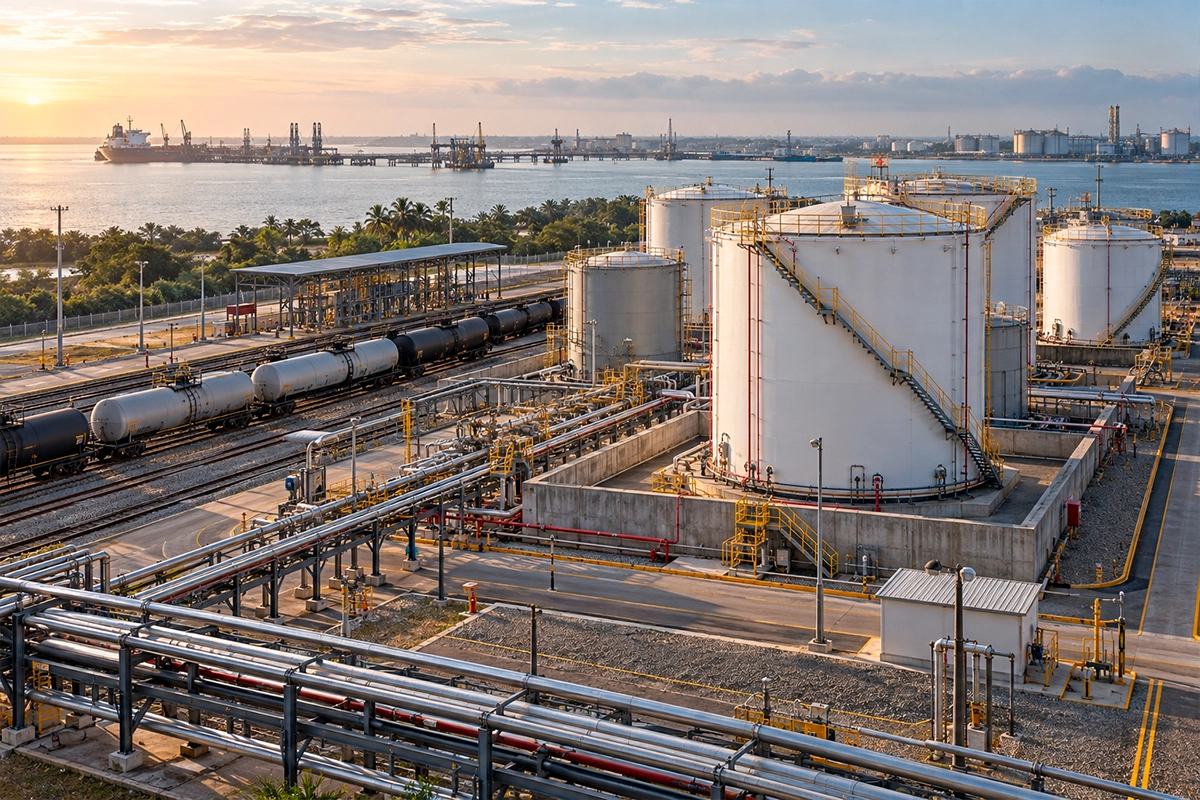 Terminal de almacenamiento de petrolíferos con tanques, ductos e infraestructura logística en Coatzacoalcos, Veracruz